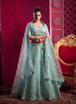 Thumbnail for Monjolika Fashion Aqua Blue Embroidered And Sequin Work Wedding Lehenga Choli