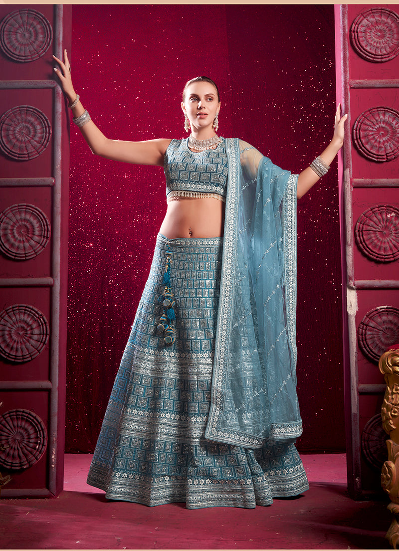 Monjolika Fashion Blue Embroidered And Sequin Work Wedding Lehenga Choli