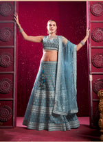 Thumbnail for Monjolika Fashion Blue Embroidered And Sequin Work Wedding Lehenga Choli
