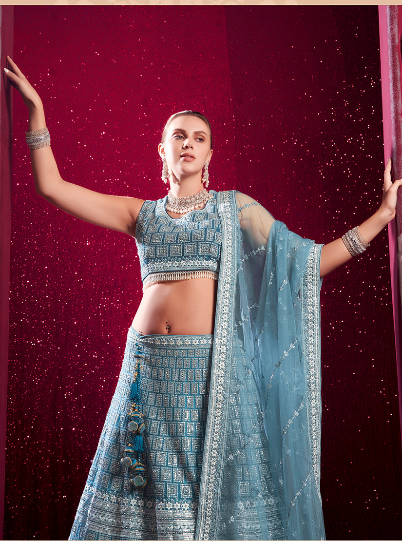Monjolika Fashion Blue Embroidered And Sequin Work Wedding Lehenga Choli