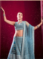 Thumbnail for Monjolika Fashion Blue Embroidered And Sequin Work Wedding Lehenga Choli