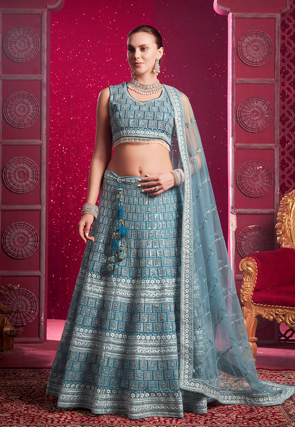 Monjolika Fashion Blue Embroidered And Sequin Work Wedding Lehenga Choli
