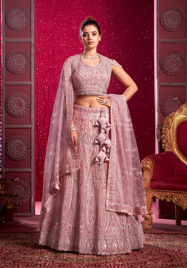 Monjolika Fashion Net Embroidered And Sequin Work Wedding Lehenga Choli in Pink