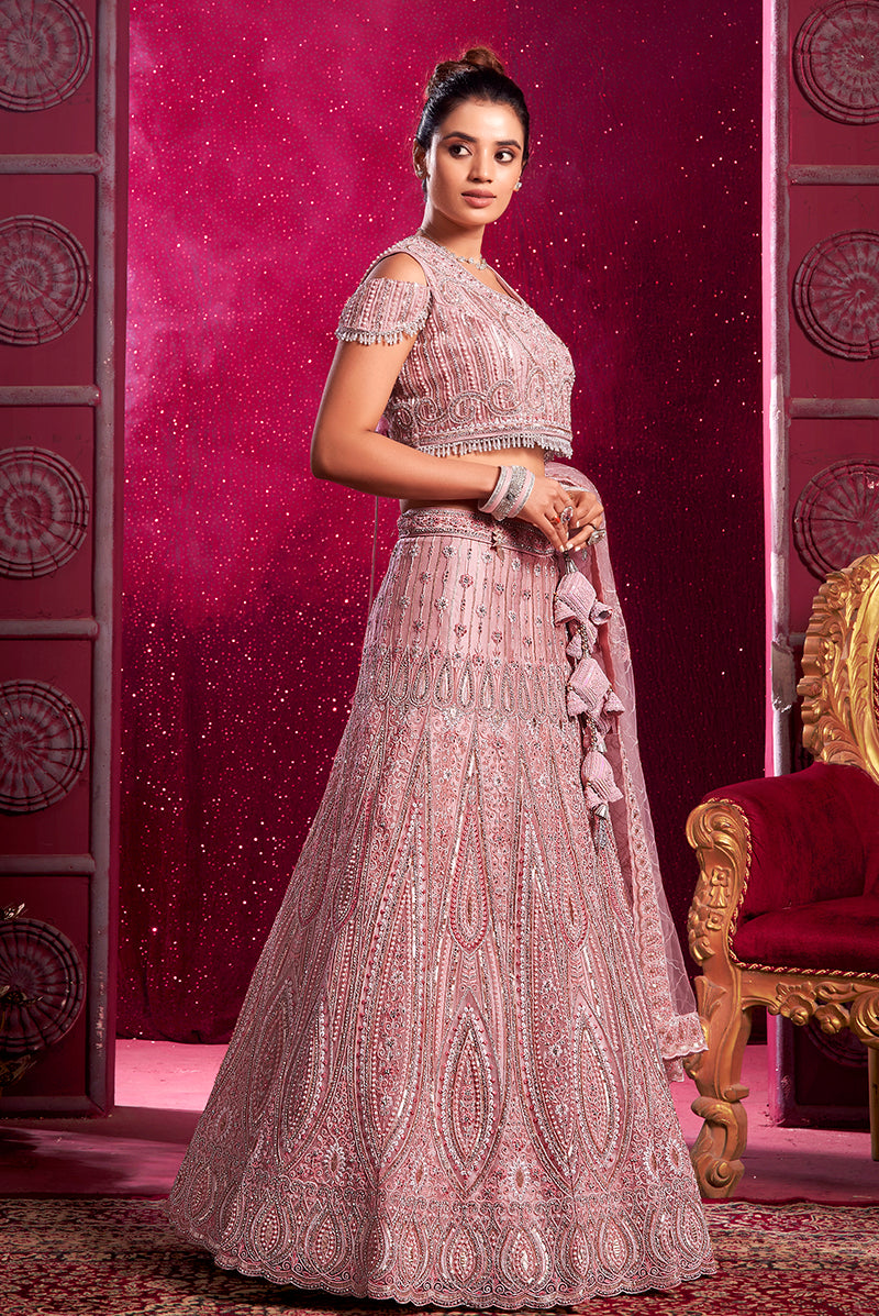 Monjolika Fashion Net Embroidered And Sequin Work Wedding Lehenga Choli in Pink