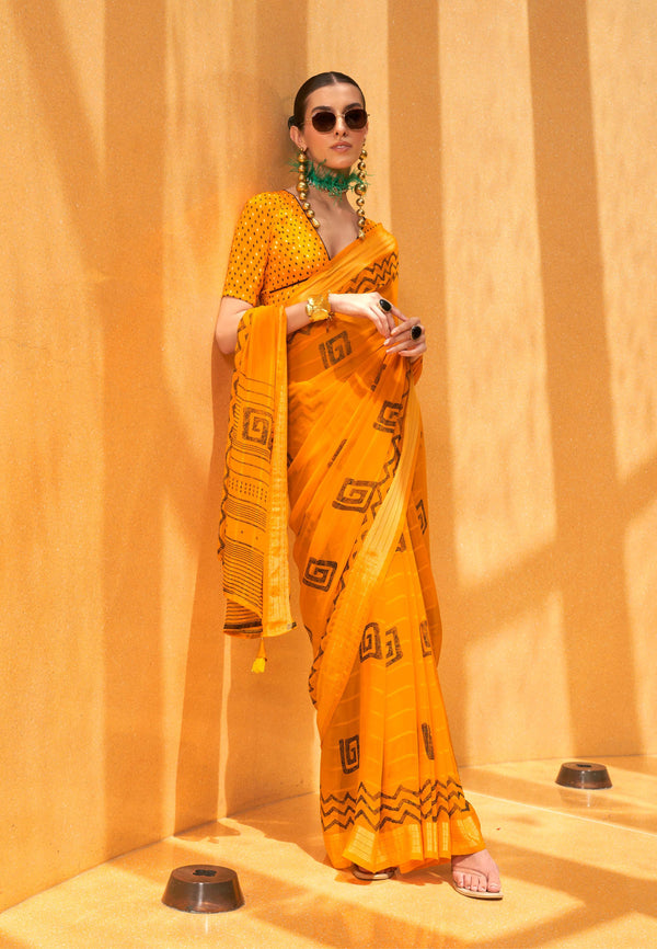 Monjolika Fashion Yellow Printed Georgette Contemporary Saree