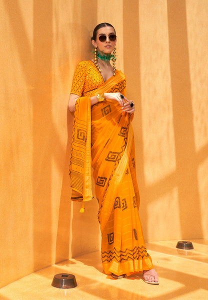 Monjolika Fashion Yellow Printed Georgette Contemporary Saree