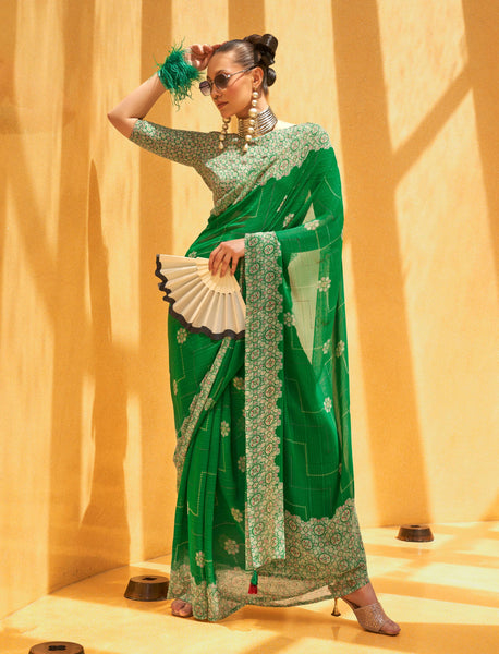 Monjolika Fashion Georgette Printed Classic Saree In Green