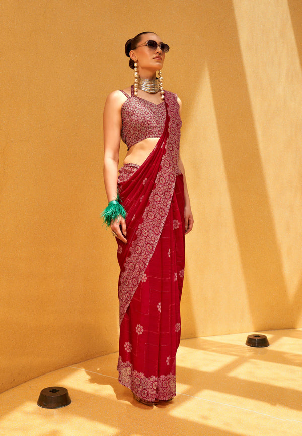 Monjolika Fashion Hot Pink Party Georgette Printed Contemporary Saree