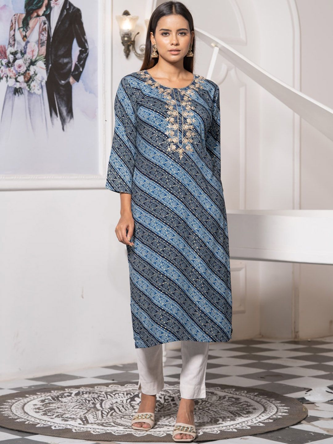 Ode by House of Pataudi Round Neck Printed Mirror Work Floral Kurta - Distacart