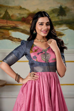 Thumbnail for Lorenvalley Fashion Pink and Grey Dola Silk Kalamkari Print With Zari Weaving Broder Gown with Koti