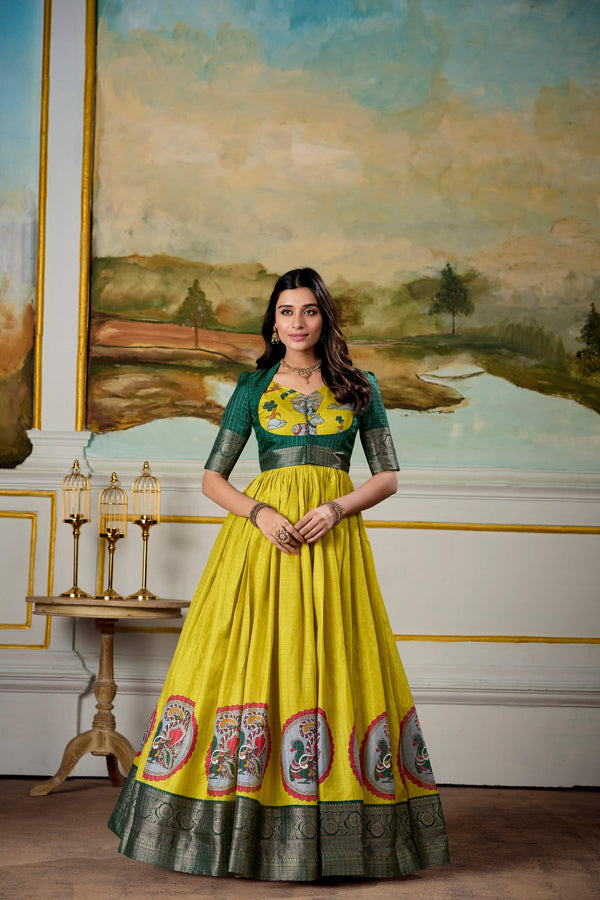 Lorenvalley Fashion Parrot and Green Dola Silk Kalamkari Print With Zari Weaving Broder Gown with Koti