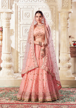 Thumbnail for Monjolika Fashion Peach Net Thread Embroidery And Dimond Work Lehenga Choli