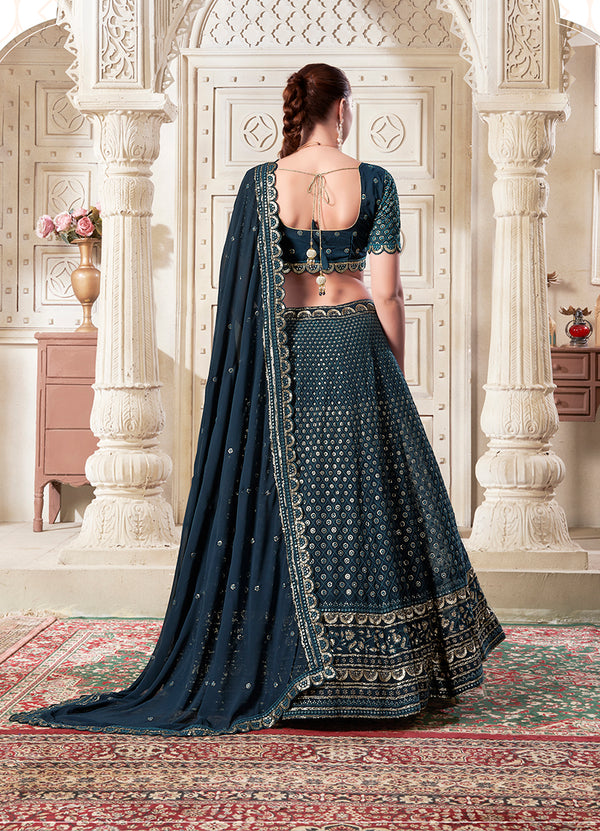 Monjolika Fashion Dark Teal Embroidered And SequinsWork Georgette Designer Lehenga Choli
