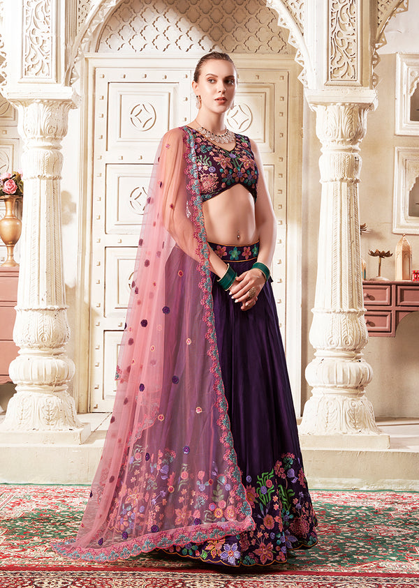 Monjolika Fashion Embroidered Silk Purple Trendy Lehenga Choli