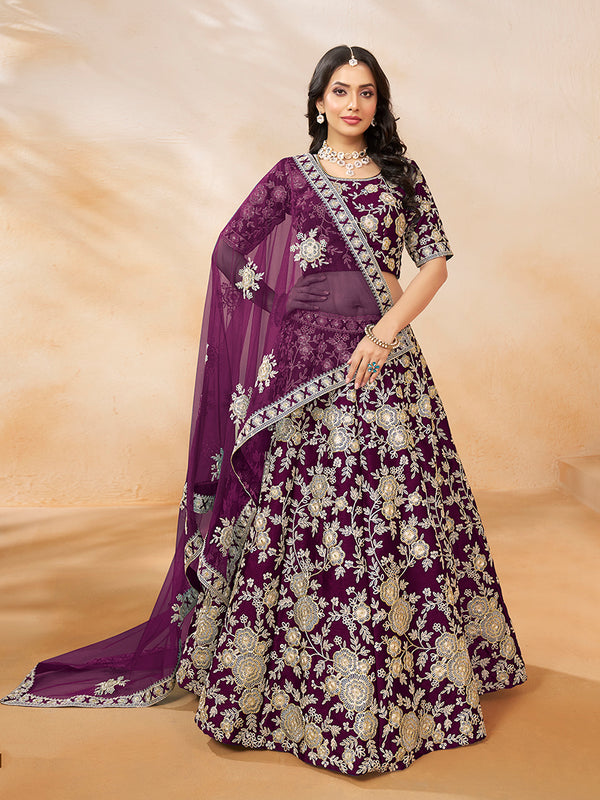 Monjolika Fashion Embroidered Art Silk Purple Lehenga Choli