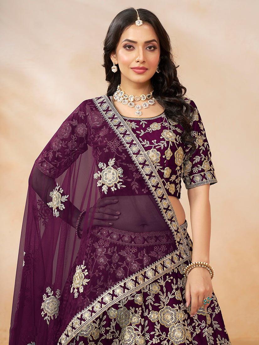 Monjolika Fashion Embroidered Art Silk Purple Lehenga Choli