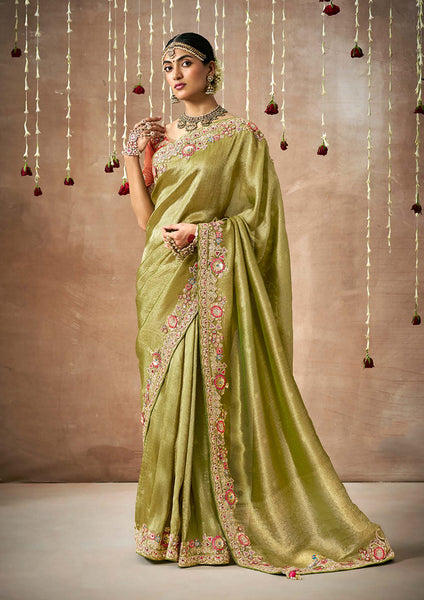 Monjolika Fashion Organza Silk Embroidered Bollywood Saree In Green