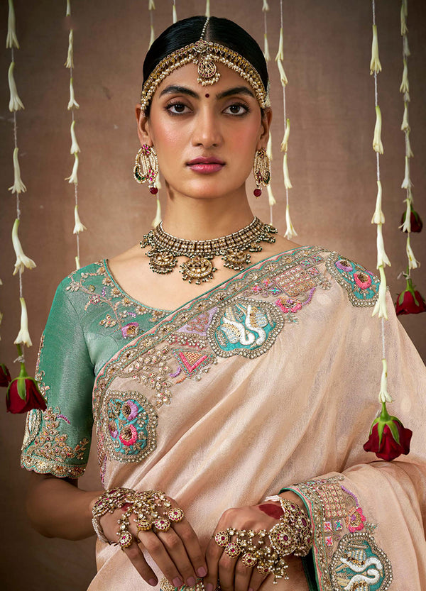 Monjolika Fashion Organza Silk Embroidered Light Peach Contemporary Saree