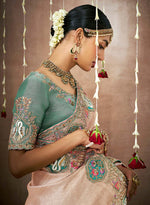 Thumbnail for Monjolika Fashion Organza Silk Embroidered Light Peach Contemporary Saree