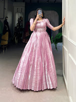 Thumbnail for Lorenvalley Fashion Pink Kanjivaram Zari Weaving Work With Lace Touch Up Gown with Koti