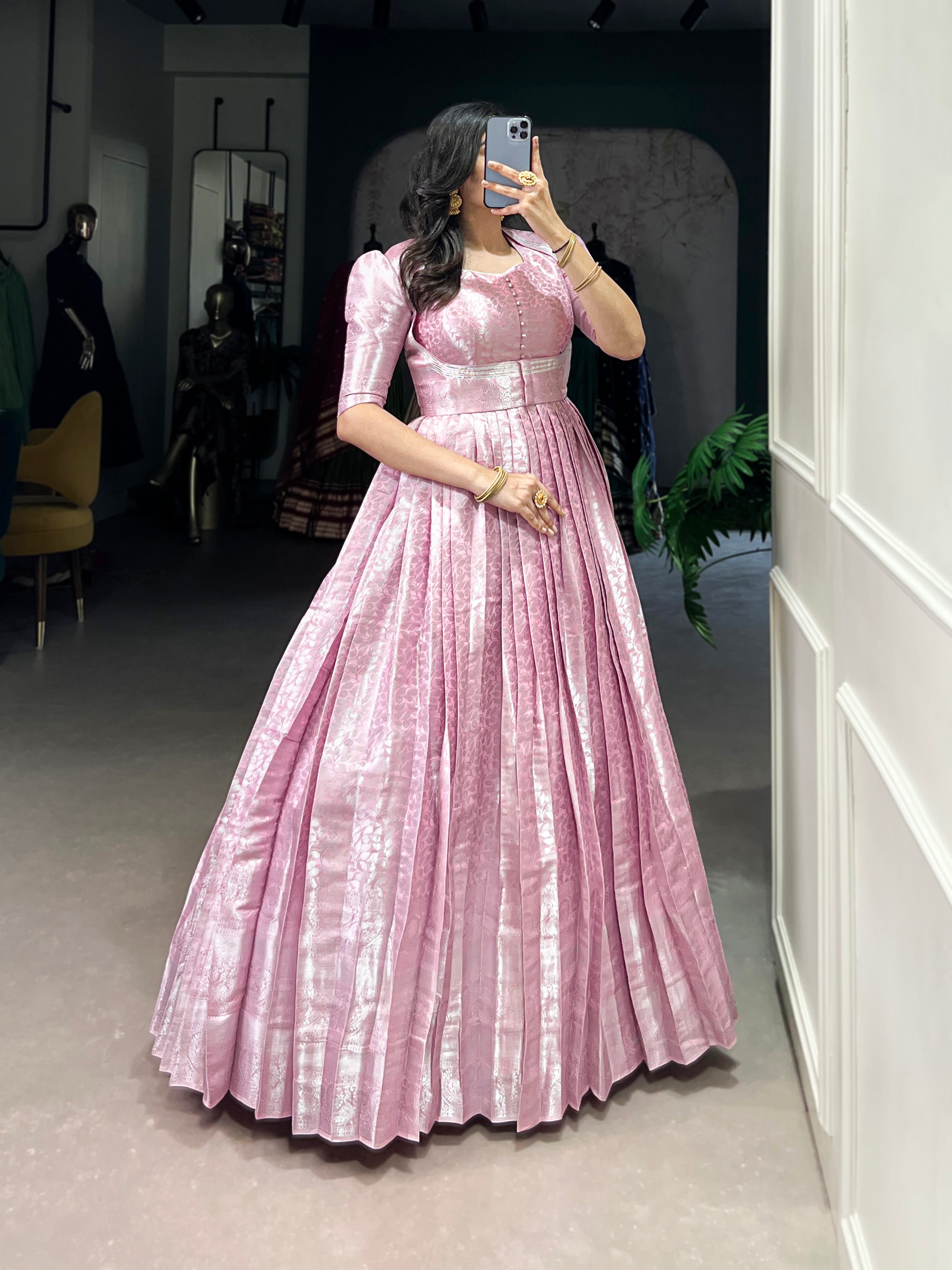 Lorenvalley Fashion Pink Kanjivaram Zari Weaving Work With Lace Touch Up Gown with Koti