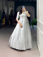 Thumbnail for Lorenvalley Fashion Off White Kanjivaram Zari Weaving Work With Lace Touch Up Gown with Koti