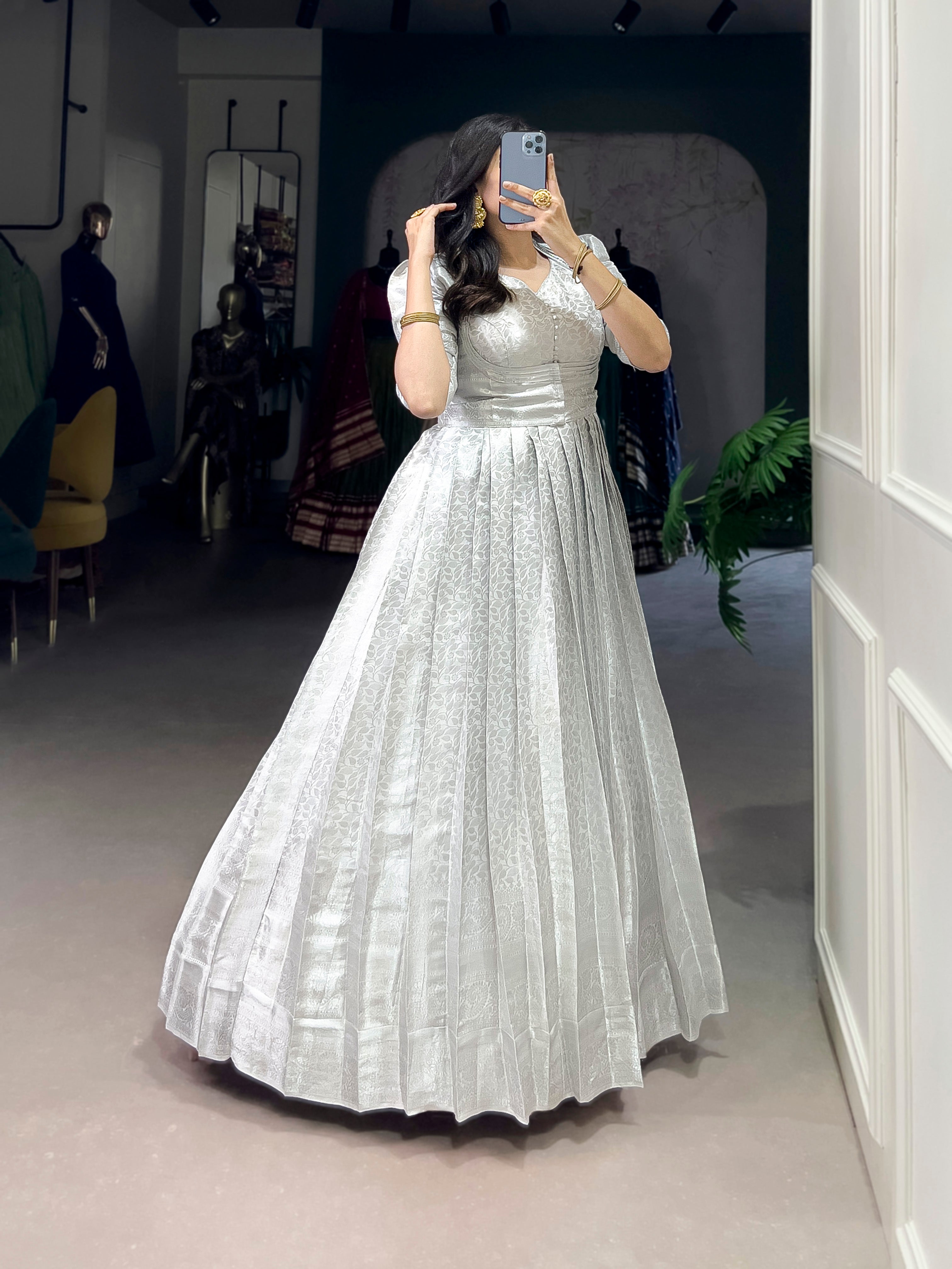 Lorenvalley Fashion Off White Kanjivaram Zari Weaving Work With Lace Touch Up Gown with Koti