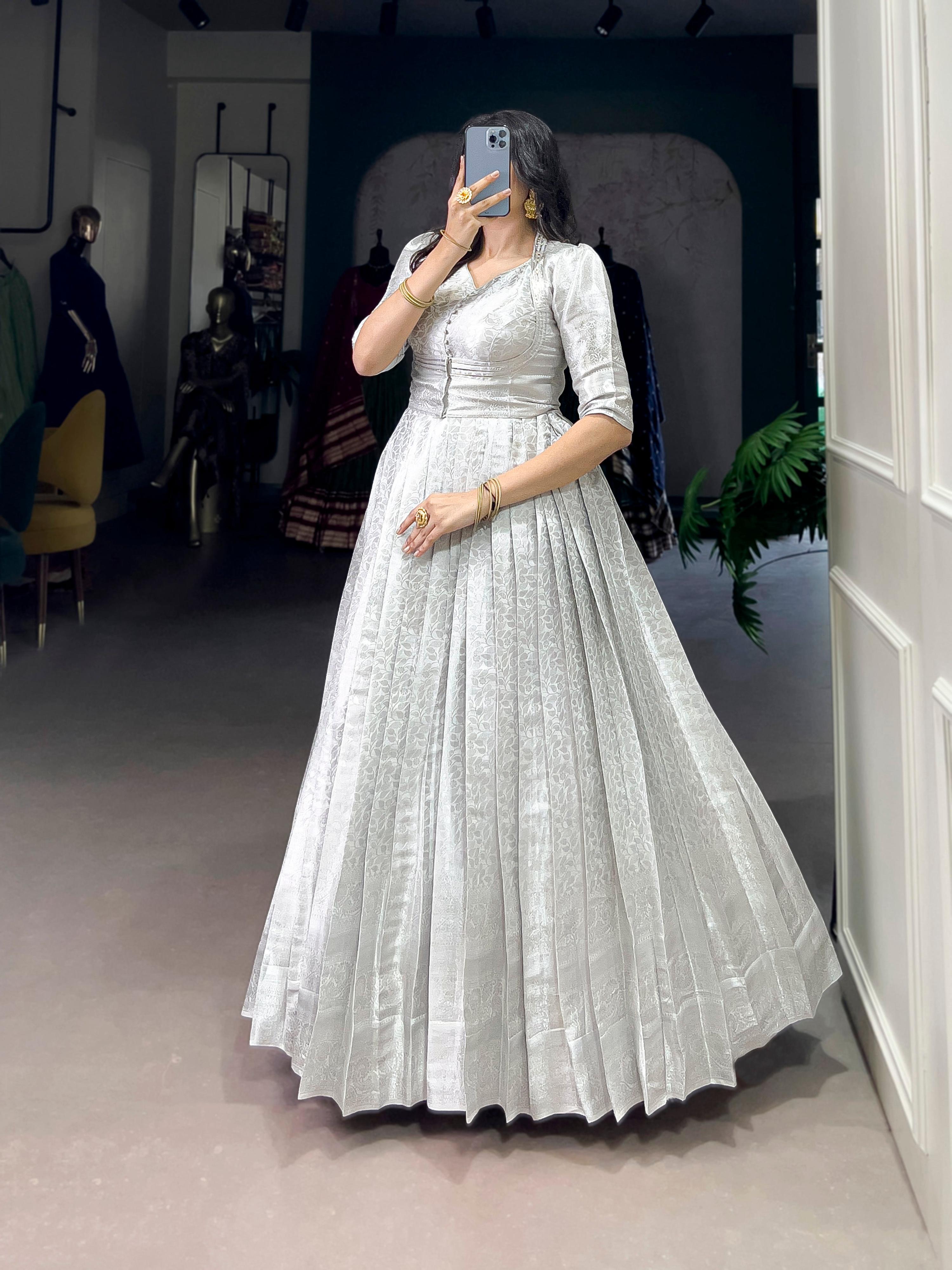 Lorenvalley Fashion Off White Kanjivaram Zari Weaving Work With Lace Touch Up Gown with Koti