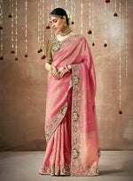 Thumbnail for Monjolika Fashion Organza Silk Pink Embroidered Bollywood Saree