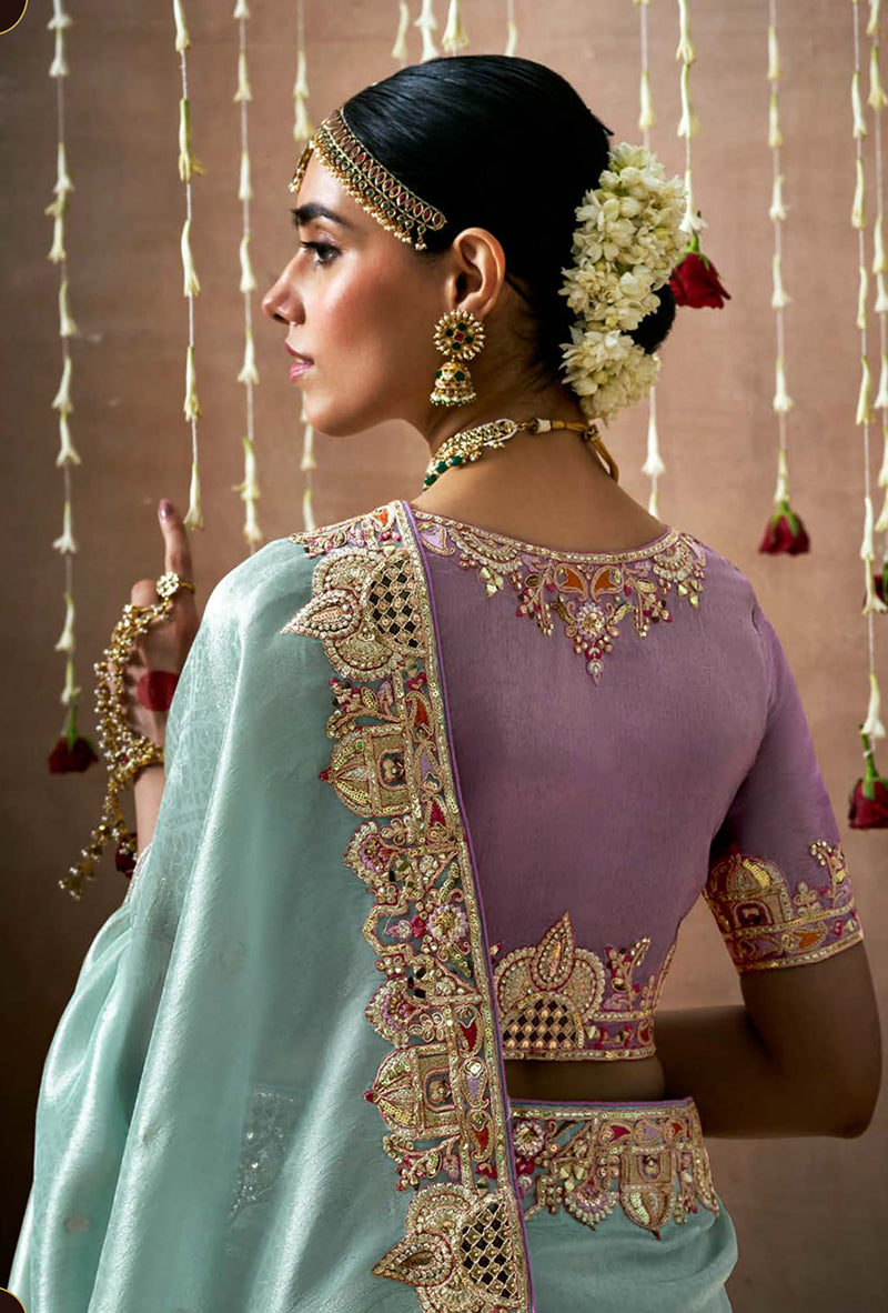 Monjolika Fashion Organza Silk Embroidered Designer Saree In Aqua Blue