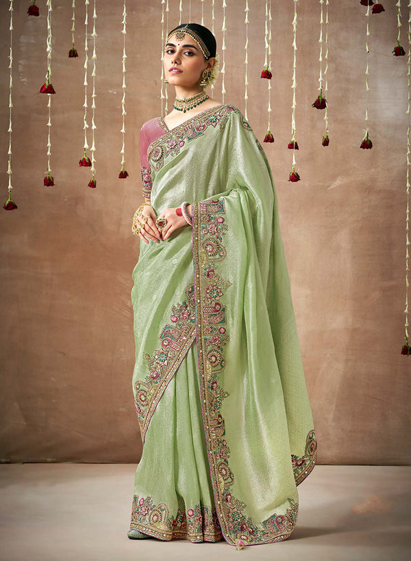 Monjolika Fashion Organza Silk Embroidered Sea Green Different Style Saree