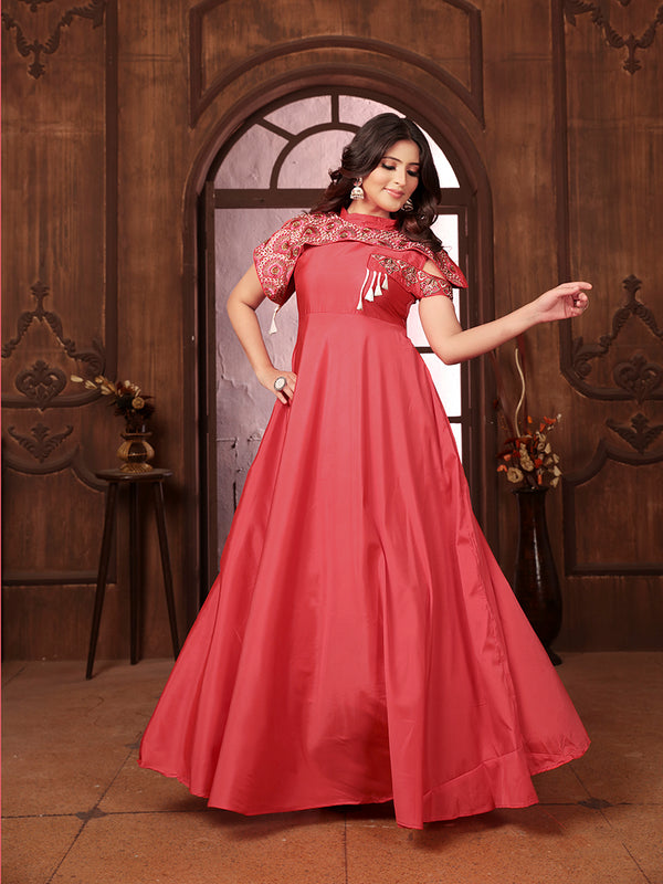Monjolika Fashion Dark Peach Triva Silk Embroidered Wedding Wear Gown