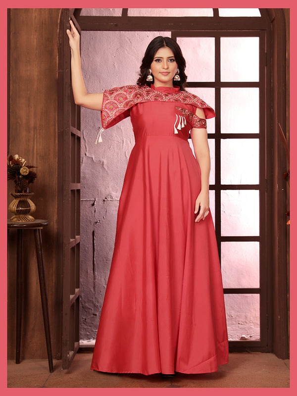 Monjolika Fashion Dark Peach Triva Silk Embroidered Wedding Wear Gown