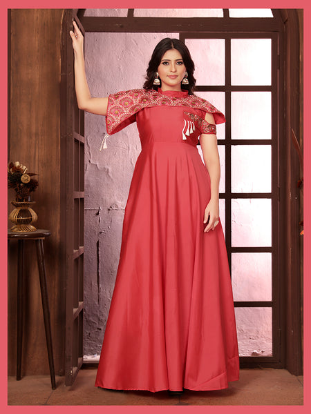 Monjolika Fashion Dark Peach Triva Silk Embroidered Wedding Wear Gown