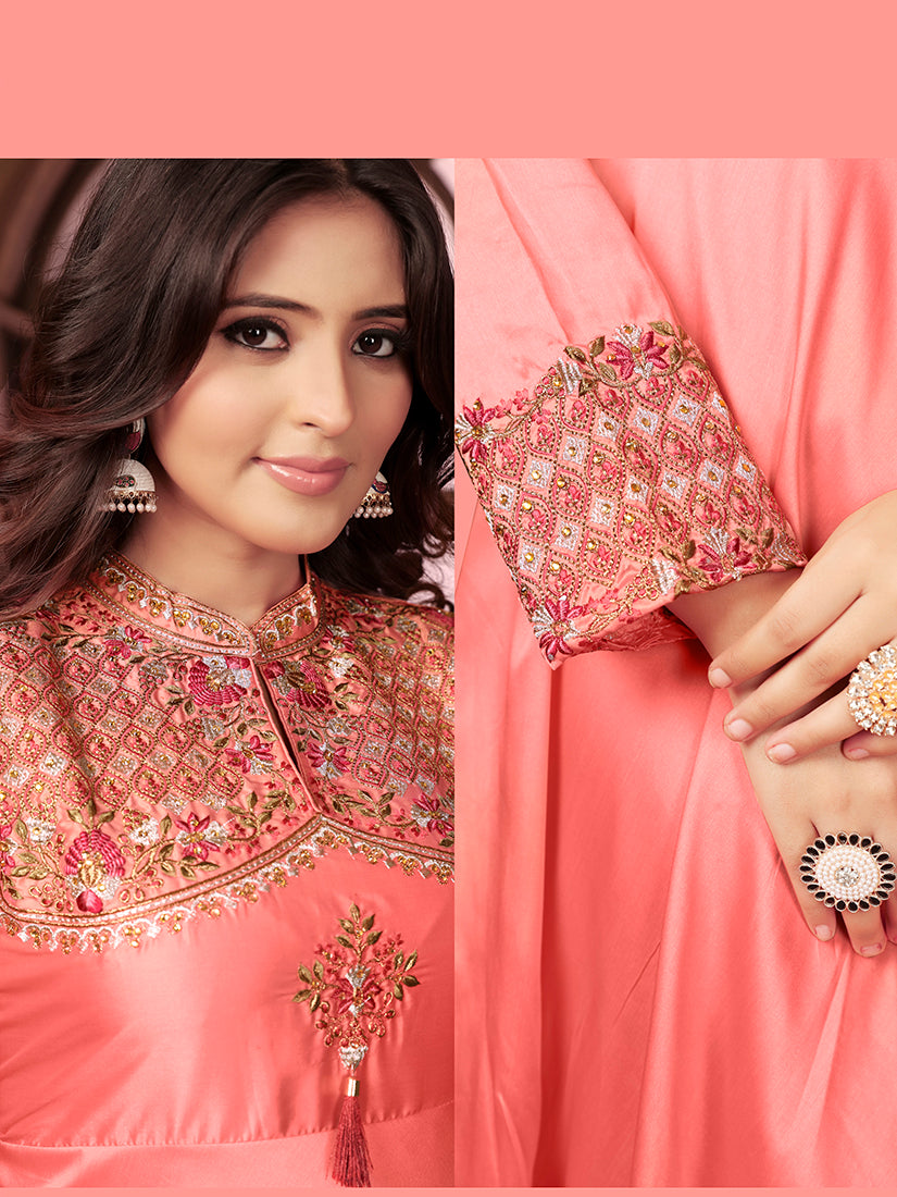 Monjolika Fashion Light Pink Triva Silk Embroidered Wedding Wear Gown