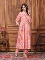 Thumbnail for Monjolika Fashion Peach Premium Rayon Floral Printed Long Kurta And Pant Set