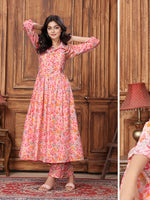 Thumbnail for Monjolika Fashion Peach Premium Rayon Floral Printed Long Kurta And Pant Set