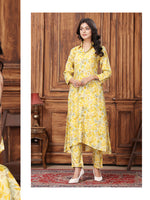 Thumbnail for Monjolika Fashion Yellow Premium Rayon Floral Printed Long Kurta And Pant Set