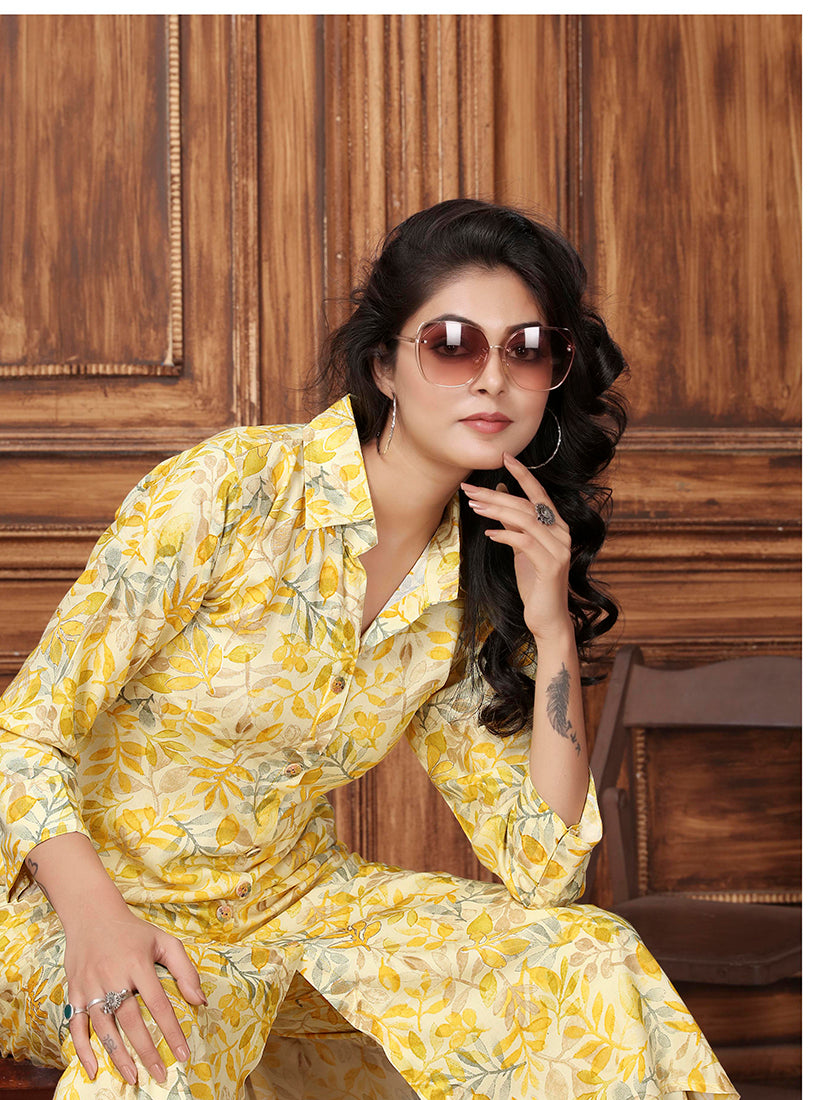 Monjolika Fashion Yellow Premium Rayon Floral Printed Long Kurta And Pant Set