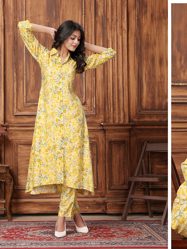 Monjolika Fashion Yellow Premium Rayon Floral Printed Long Kurta And Pant Set