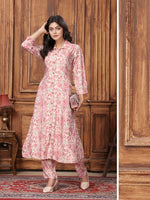 Thumbnail for Monjolika Fashion Light Pink Premium Rayon Floral Printed Long Kurta And Pant Set