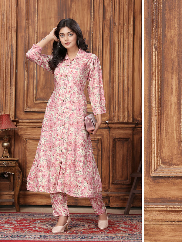 Monjolika Fashion Light Pink Premium Rayon Floral Printed Long Kurta And Pant Set