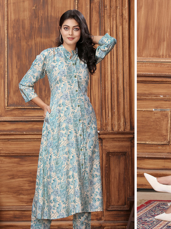 Monjolika Fashion Light Blue Premium Rayon Floral Printed Long Kurta And Pant Set
