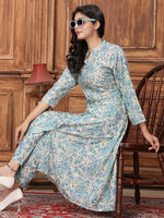 Thumbnail for Monjolika Fashion Light Blue Premium Rayon Floral Printed Long Kurta And Pant Set
