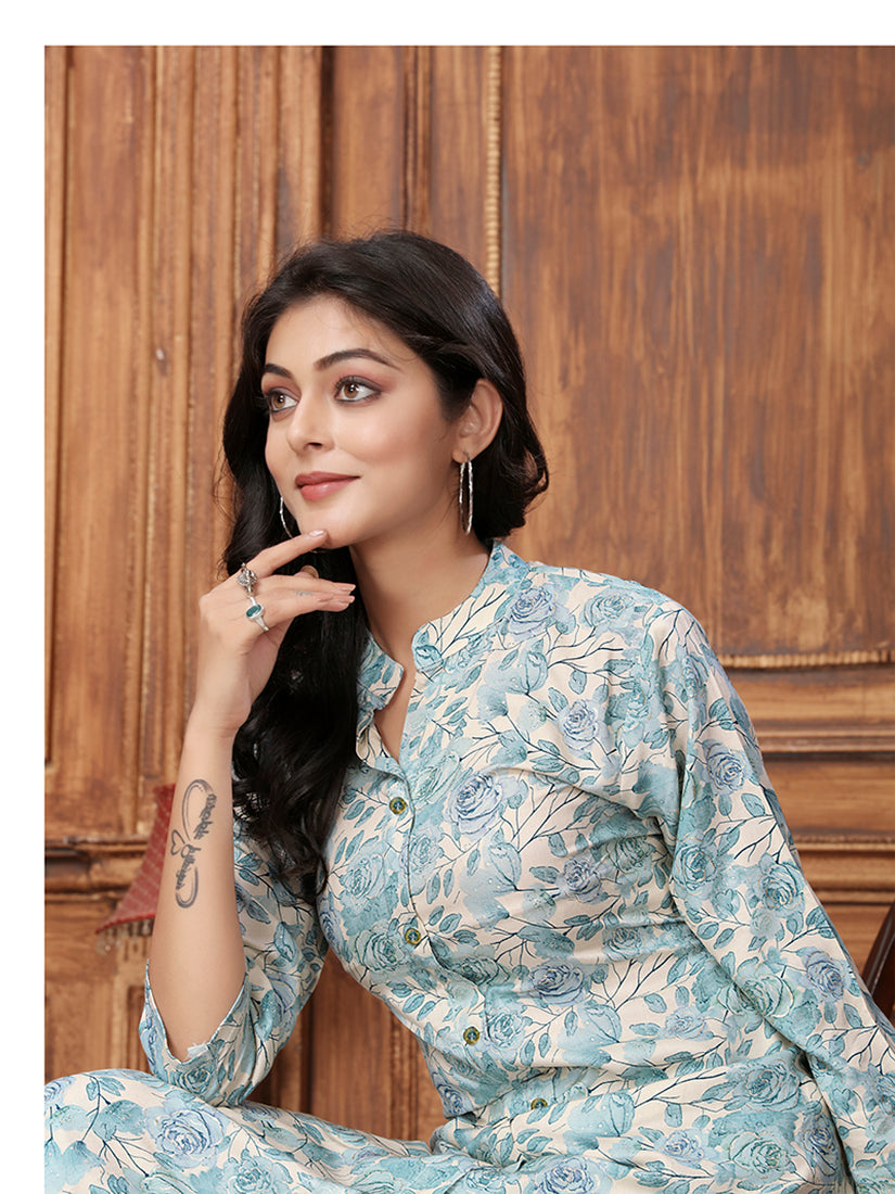 Monjolika Fashion Light Blue Premium Rayon Floral Printed Long Kurta And Pant Set