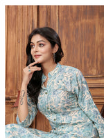 Thumbnail for Monjolika Fashion Light Blue Premium Rayon Floral Printed Long Kurta And Pant Set