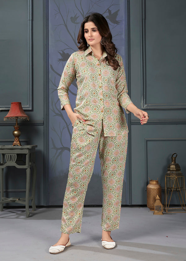 Monjolika Fashion Beige Rayon Printed Casual Wear Co Ord Set