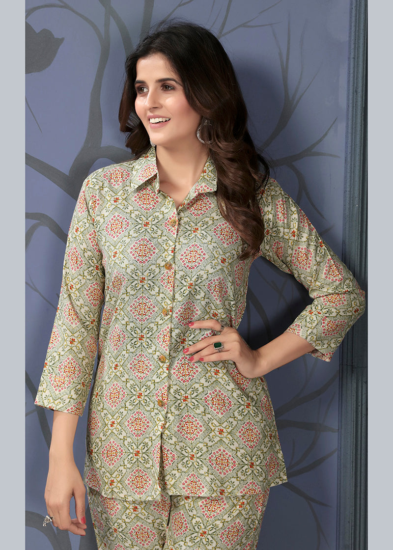 Monjolika Fashion Beige Rayon Printed Casual Wear Co Ord Set