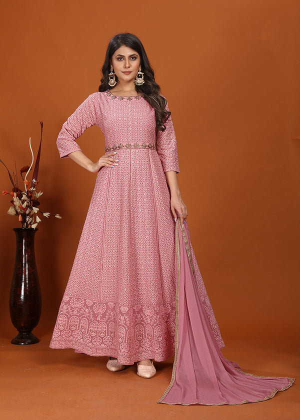 Monjolika Fashion Faux Georgette Embroidered Readymade Gown In Pink