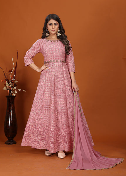 Monjolika Fashion Faux Georgette Embroidered Readymade Gown In Pink